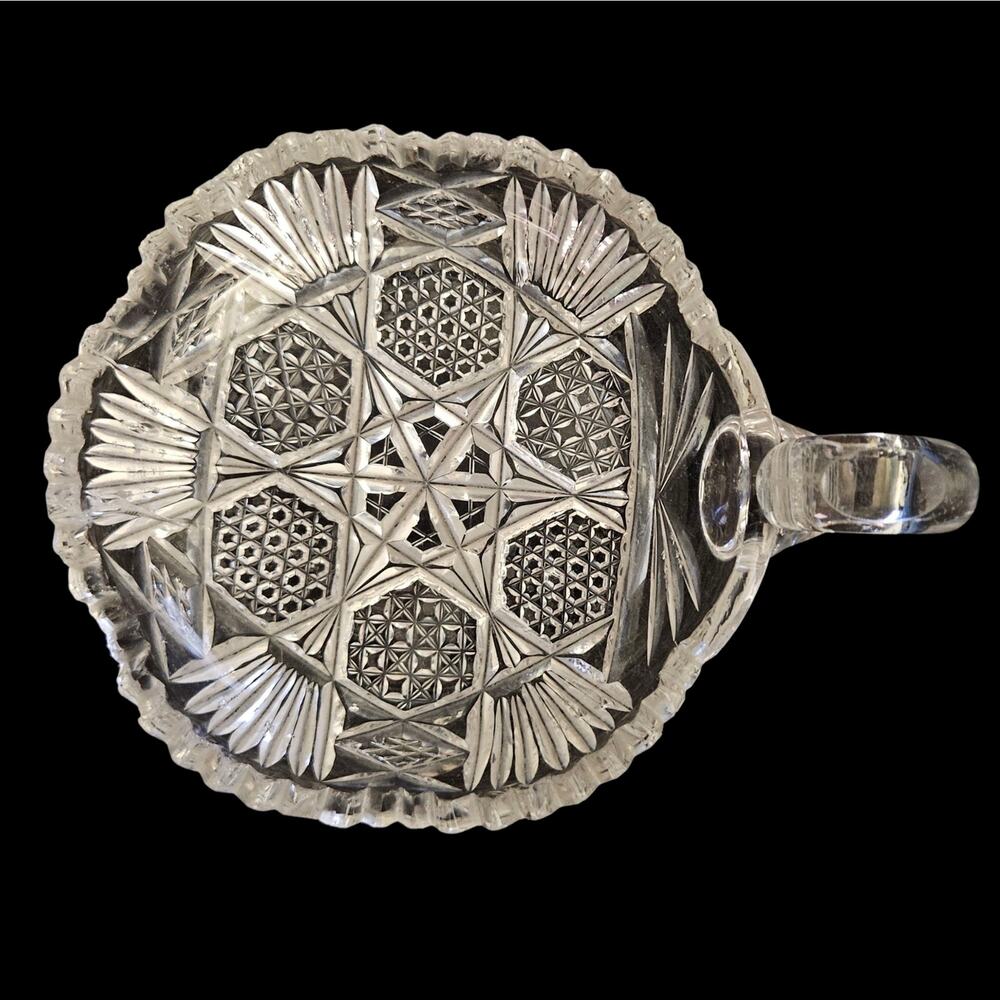 Vintage Cut Glass Handled Nappy Bowl Star Pattern Clear Pressed Glass